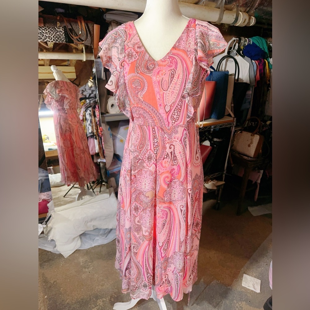 Tommy Hilfiger orange white floral dress v-neck knee length $139 new with tag